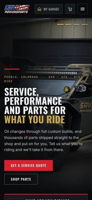 Savage Powersports home page on a phone: dark theme, gold headline, Get a service quote and Shop parts buttons