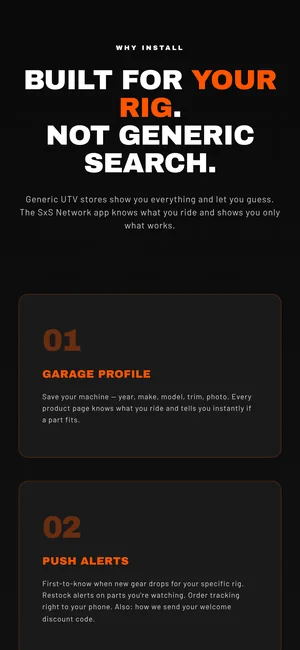 SxS Network app page on a phone: Built for your rig, not generic search, with Garage profile and Push alerts cards