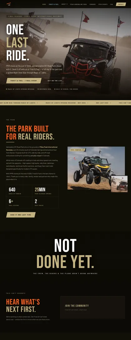 Adrenaline Off-Road Park home page: dark site, headline One Last Ride over a side-by-side kicking up dust at Pikes Peak International Raceway; the park section with 640 acres and trail counts continues below