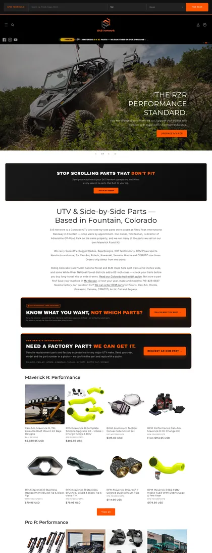 SxS Network home page: Spec your build search bar, orange-on-black header, a side-by-side on a dirt trail with the headline The RZR performance standard; the page continues below